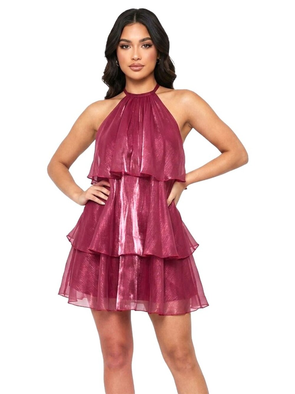 SHEIN Organza Shimmer Tiered Halter Mini Dress Dark Wine XS Backless Party Dress
